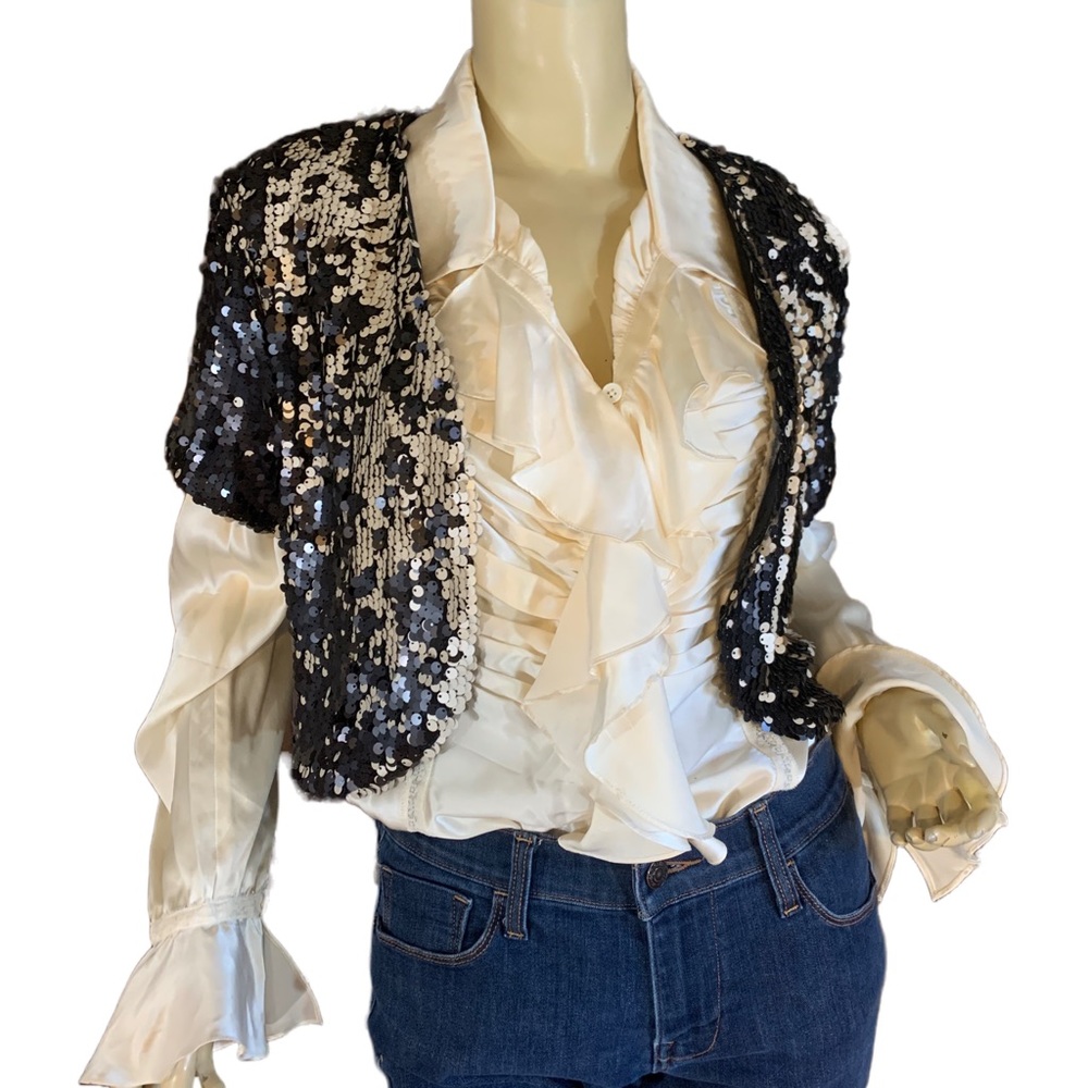 I.N. STUDIO BLACK & CREAM SEQUIN SHORT SLEEVE BOLERO JACKET NWT (L) - Picture 4 of 13